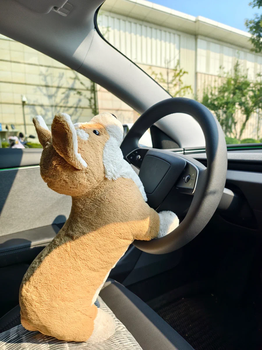A plush dog in the driver's seat of a car